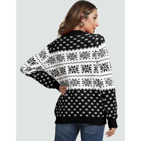 Women Ugly Christmas Black#3 Sweater Reindeer Snowflake Knit Pullover Crew Neck - Picture 6 of 6